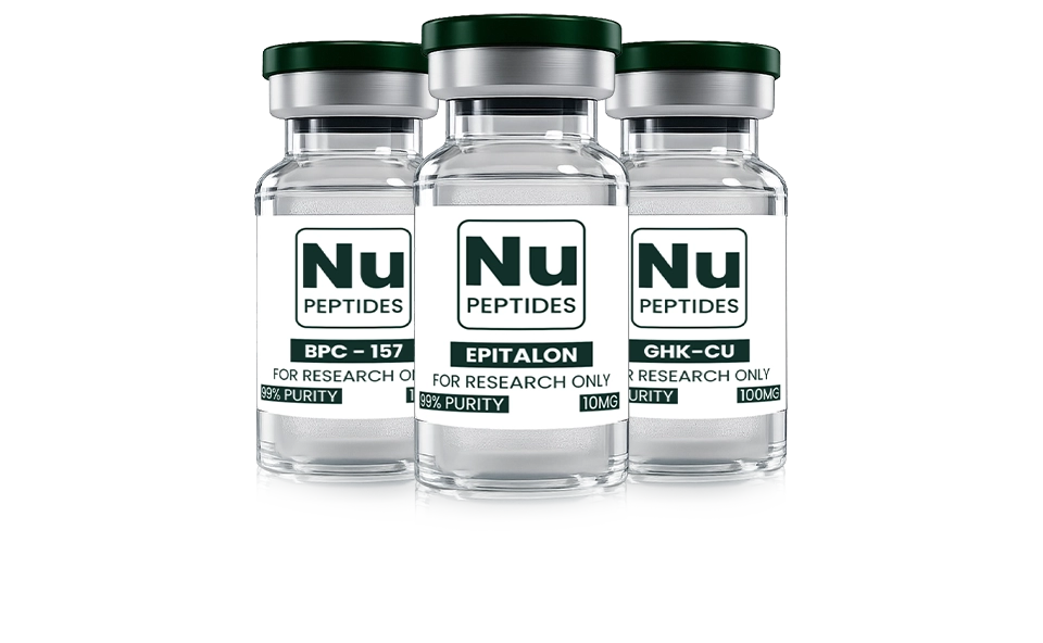Three Nu Peptides vials for research use, with green caps and labels showing 99% purity and 'For Research Only' text.